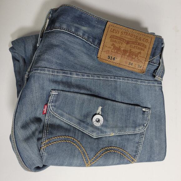 Levis 514 Slim Straight Jeans Size 34x35 Faux Flap Pockets Silver Blue Wash - Picture 10 of 10